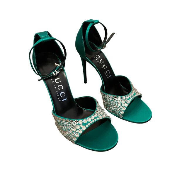 GUCCI Women's Satin High Heel Sandals with Crystals Size 37.5 US 7.5 Green New - Picture 8 of 16